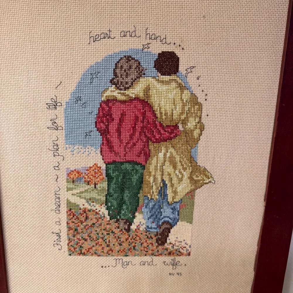 Vintage 1995 Framed Cross Stitch Wedding Sampler Heart & Hand Ornate Frame